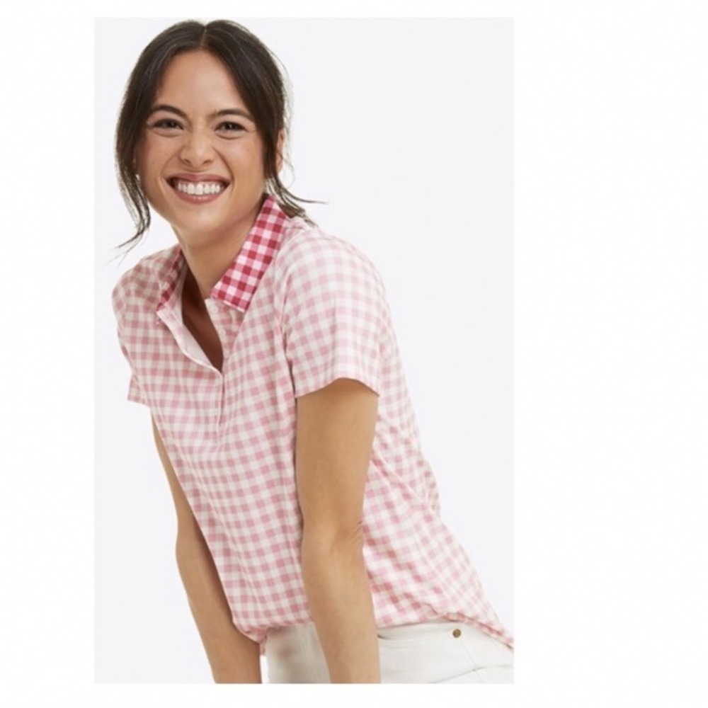 Draper James x Lands End Pink Gingham Preppy Cottagecore Polo Shirt Size Medium